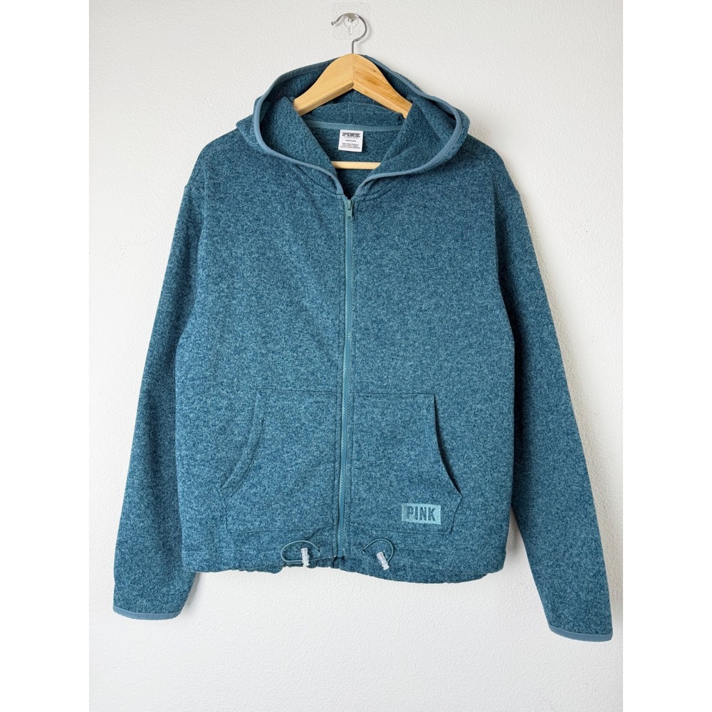 Victoria's Secret PINK Womens Sweater Knit Hoodie Zip Up Large Teal High Low